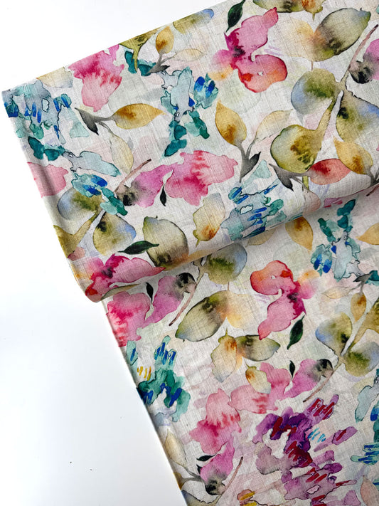 Watercolour Abstract Floral Linen Viscose Fabric - per half metre