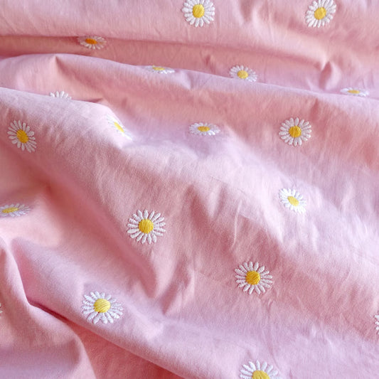 Pink Daisy Cotton Embroidered Fabric - per half metre