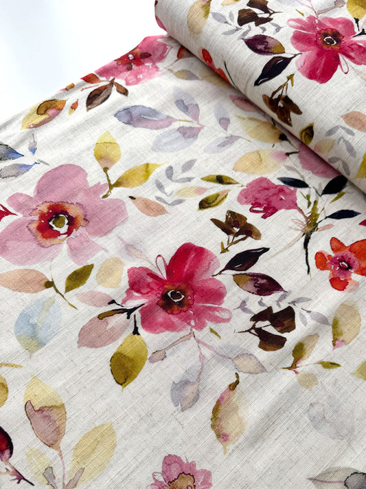 Watercolour Floral Linen Viscose Fabric - per half metre
