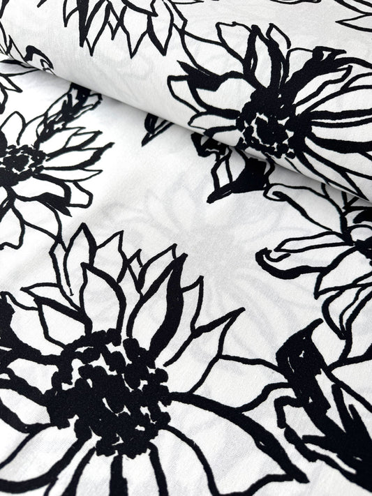 White Sketch Floral Viscose Linen - per half metre