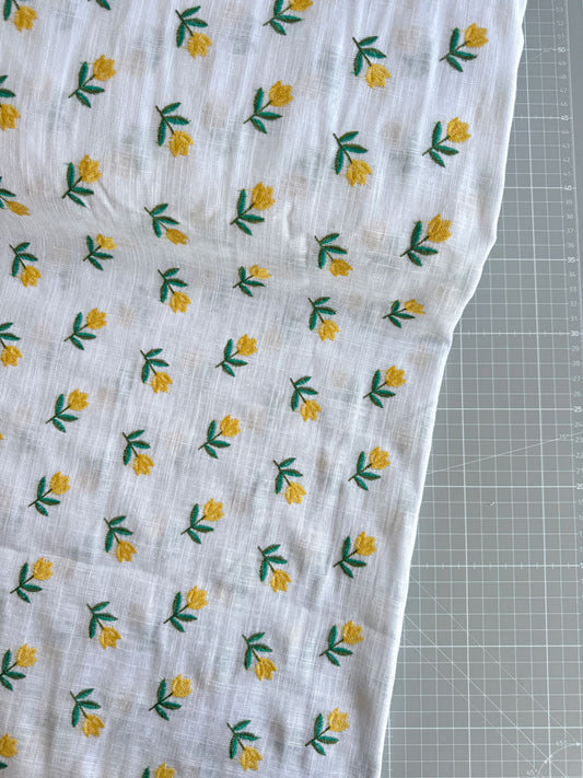 Yellow floral embroidered cotton linen - per half metre