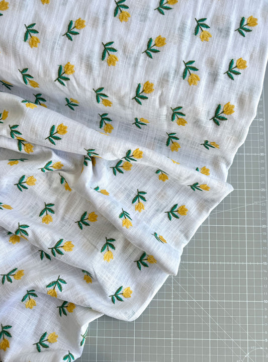 Yellow floral embroidered cotton linen - per half metre