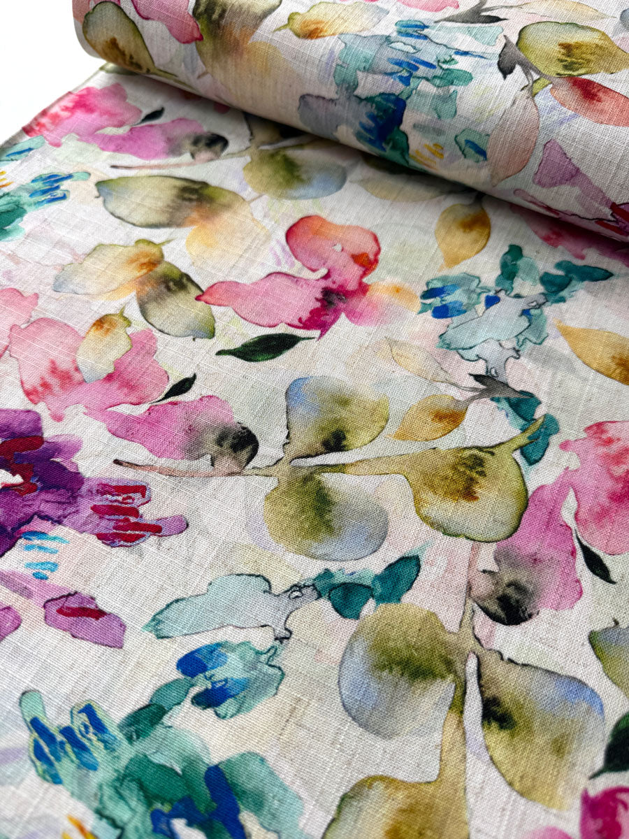 Watercolour Abstract Floral Linen Viscose Fabric - per half metre
