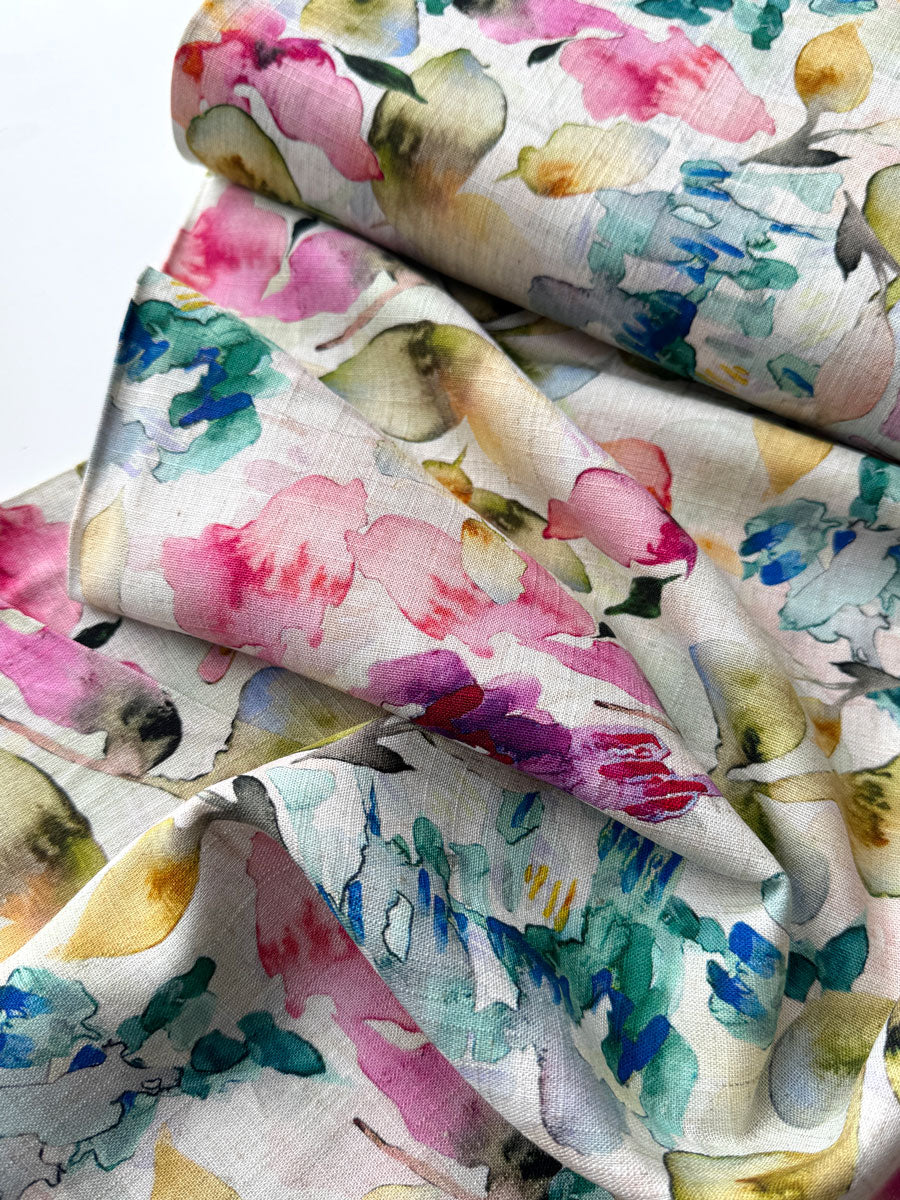 Watercolour Abstract Floral Linen Viscose Fabric - per half metre