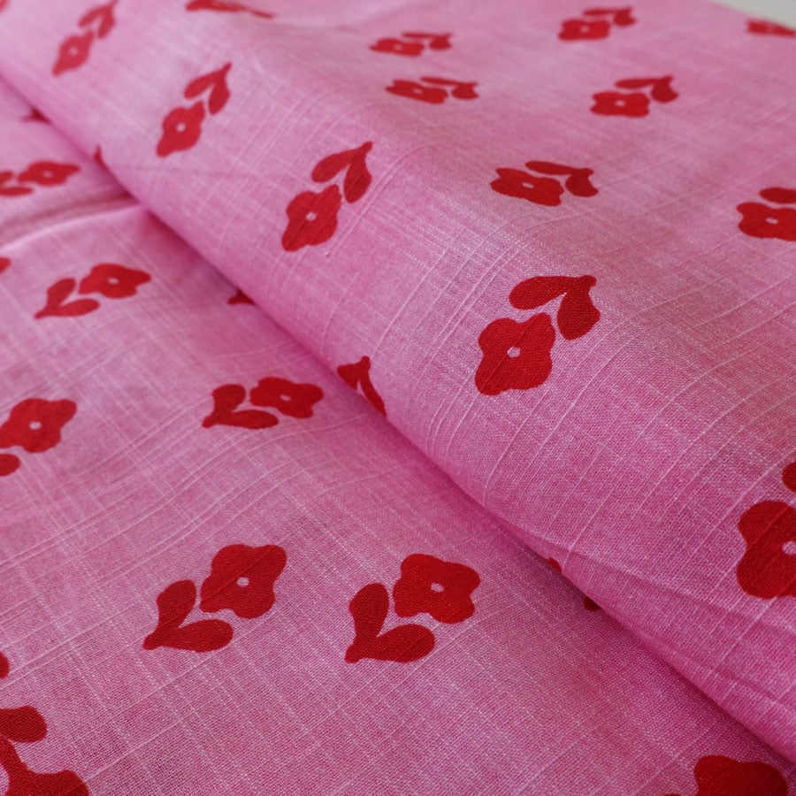 Pink Border Block Print Effect Fabric - per half metre