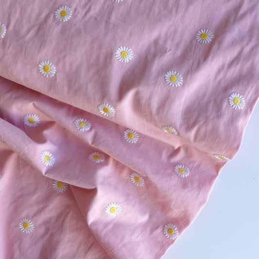 Pink Daisy Cotton Embroidered Fabric - per half metre