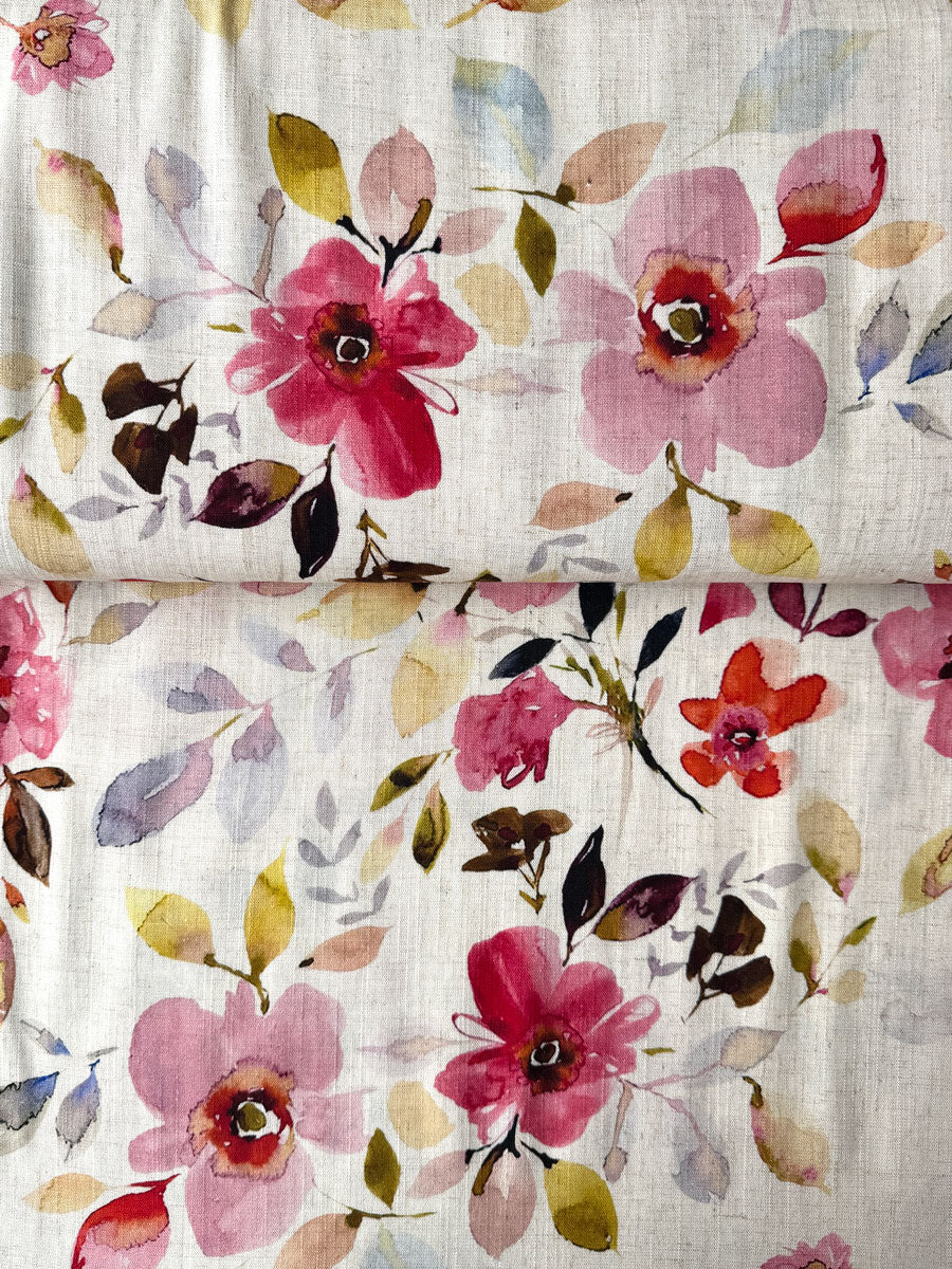 Watercolour Floral Linen Viscose Fabric - per half metre