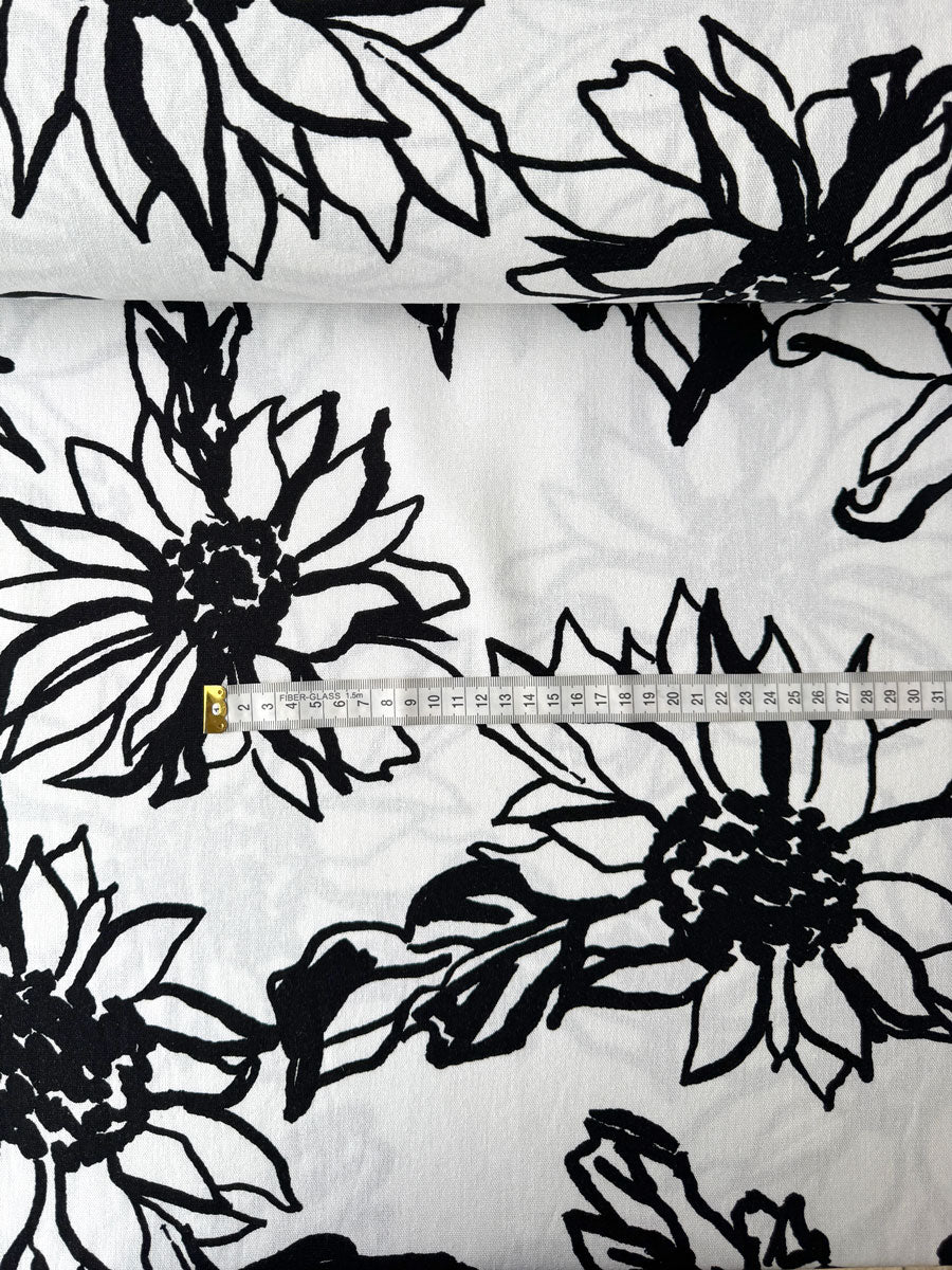 White Sketch Floral Viscose Linen - per half metre