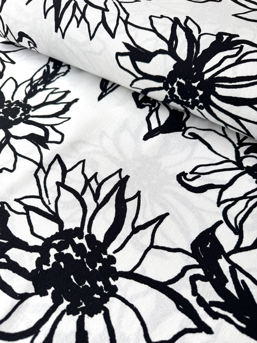 White Sketch Floral Viscose Linen - per half metre