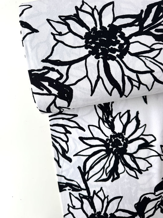 White Sketch Floral Viscose Linen - per half metre