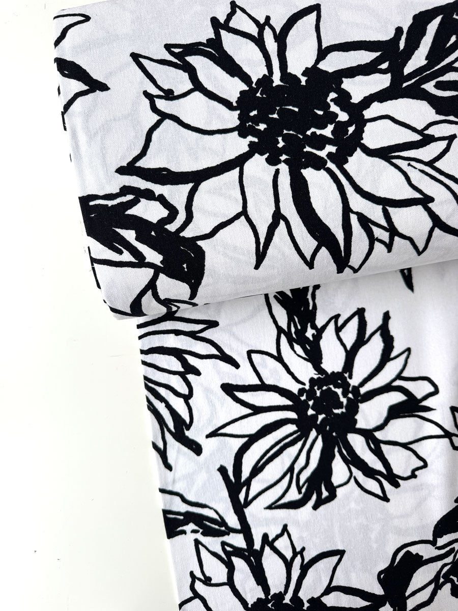White Sketch Floral Viscose Linen - per half metre