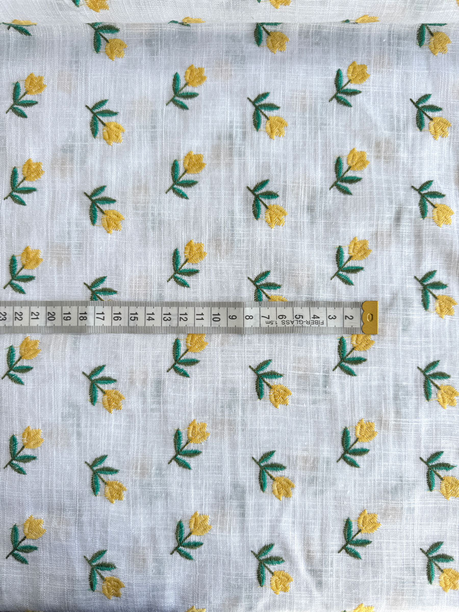 Yellow floral embroidered cotton linen - per half metre