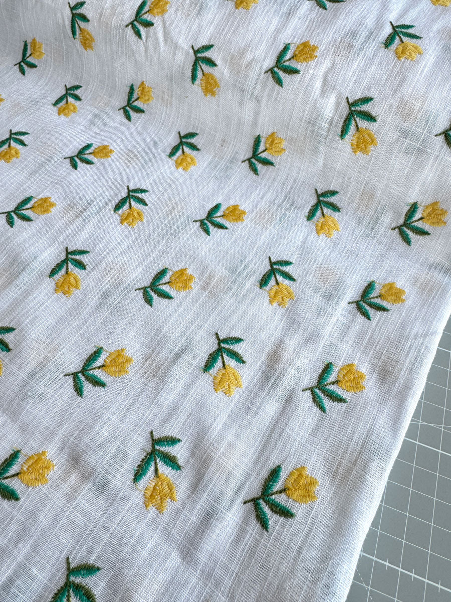 Yellow floral embroidered cotton linen - per half metre